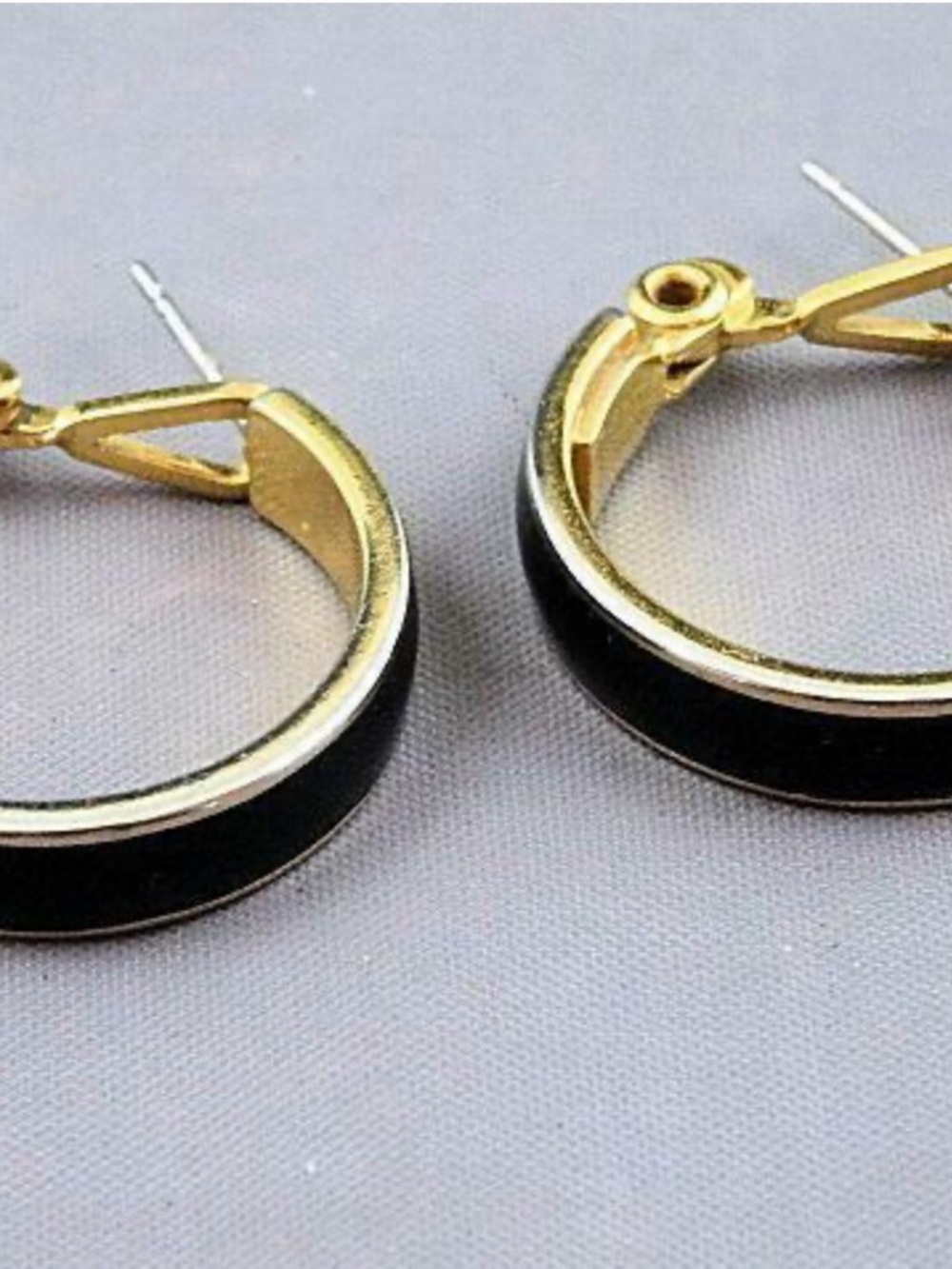 Signed Monet Gold and Black Hoop Clip Earrings - Picture 3 of 4